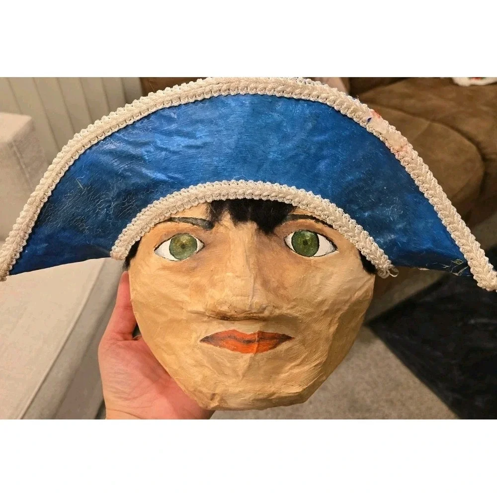 1990 Signed Paper Mache Pirate Explorer Face Mask Wall Hanging Folk‎ Art Blue